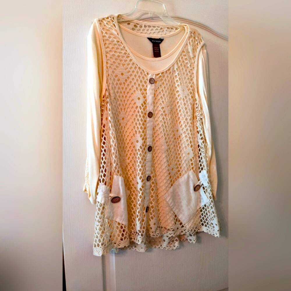 MULTIPLES Summer Tunic Top Cotton Knit Netting Overlay Yellow